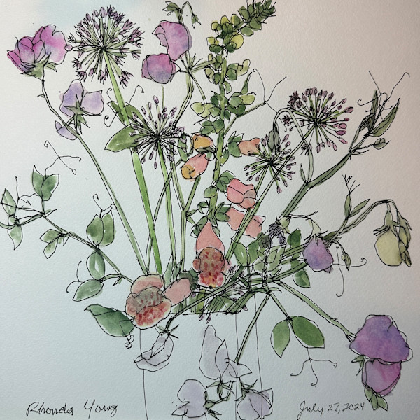 Sweet peas, foxgloves, and allium, July 27, 2024 by Rhonda Young
