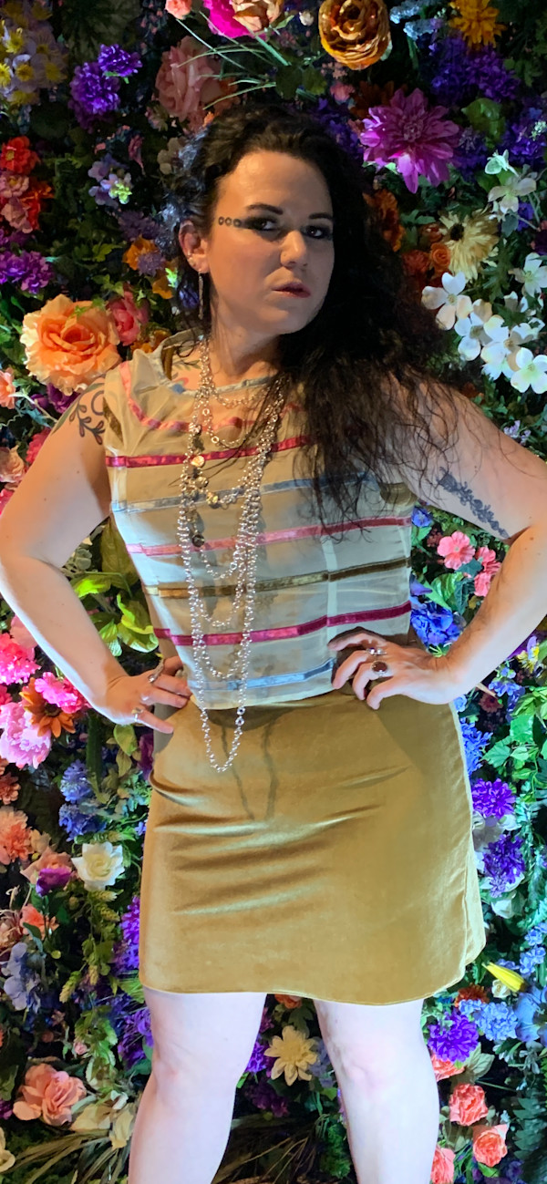 Velvet dress with “gut parka” silk top by Mary Kelsay