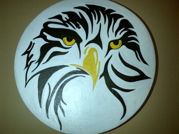 Hand made and painted deer hide hand drum by Beverly Owens