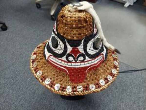 Hand woven Cedar Hat with Handprinted Bear Design by Beverly Owens