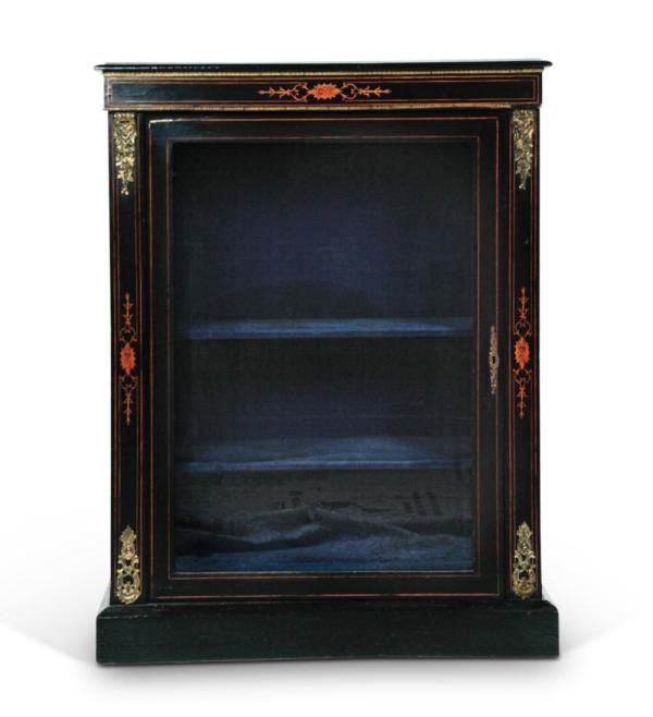 French Ebonized Small Bookcase with Marquetry Inlay and Bronze Decoration, 19thC