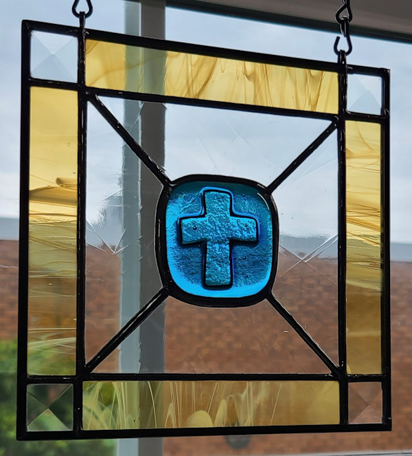 Blue Cross Kiln Carve Panel by Wendling Glass Creations