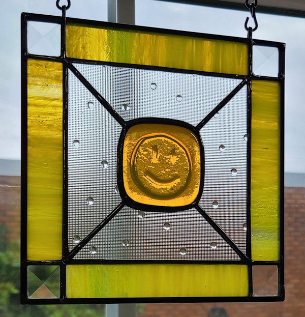Yellow Smiley Kiln Carve Panel by Wendling Glass Creations