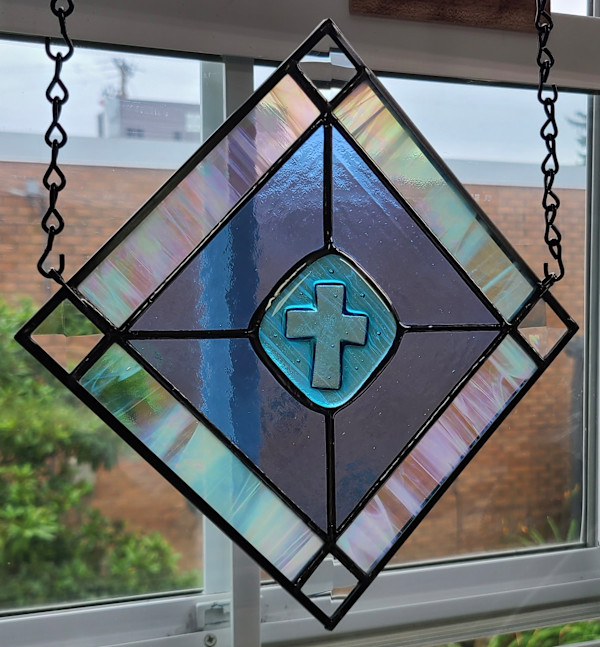 Blue Cross Kiln Carve Panel (blue bkgr) by Wendling Glass Creations