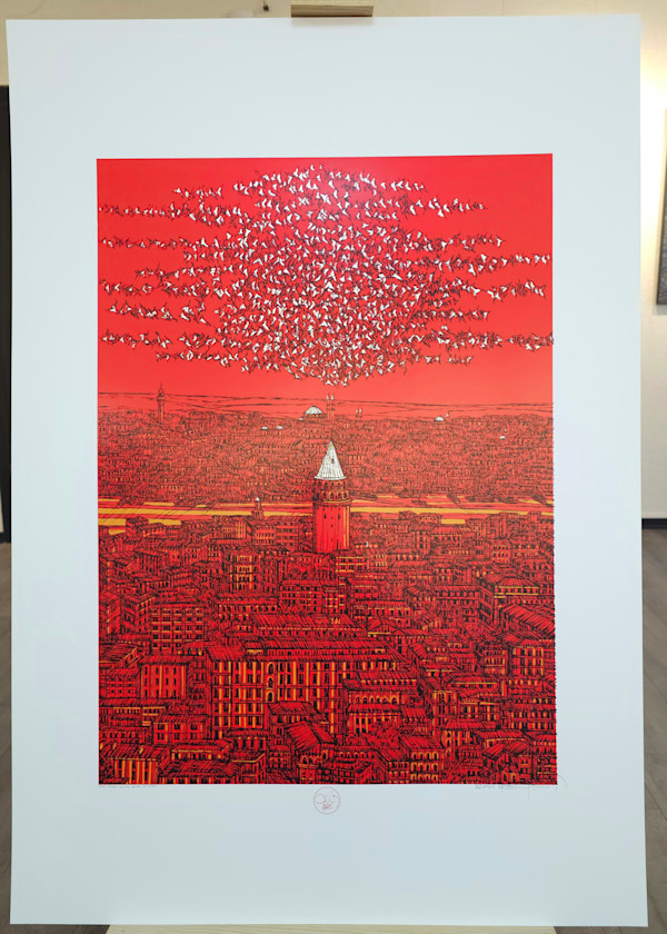 İstanbul; Galata Kırmızı Yorum  Serigrafi Orjinal Islak İmzalı by Devrim Erbil
