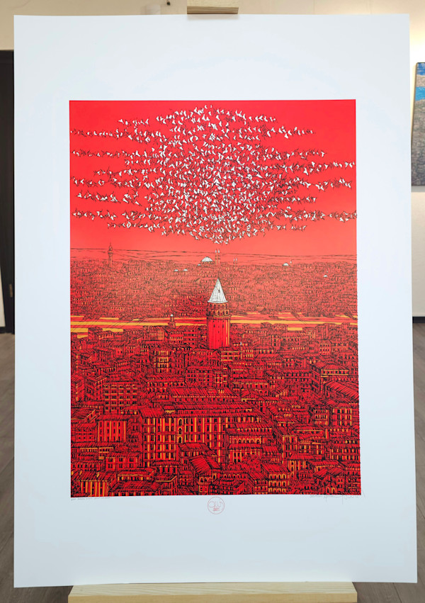 İstanbul; Galata Kırmızı Yorum Serigrafi 1 Numara Orijinal Islak İmzalı by Devrim Erbil