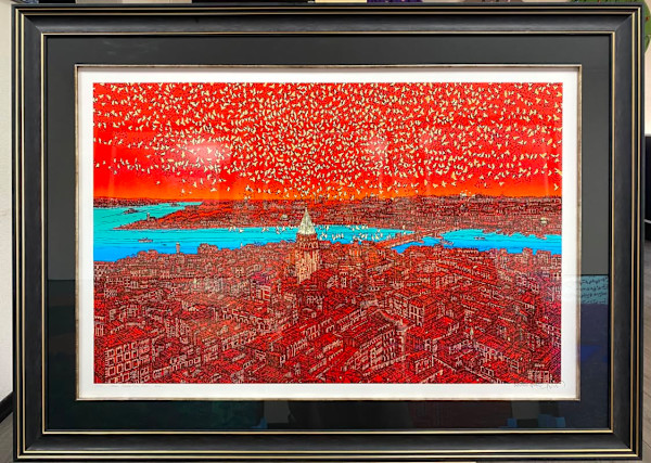 Devrim Erbil Kabartmalı Çipli Limitli Kâğıt Baskı İstanbul Galata Kulesi Kırmızı Çerçeveli 80 *110 cm by Devrim Erbil, Image 1.