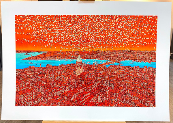Devrim Erbil Kabartmalı Çipli Limitli Kâğıt Baskı İstanbul Galata Kulesi Kırmızı by Devrim Erbil, Image 1.