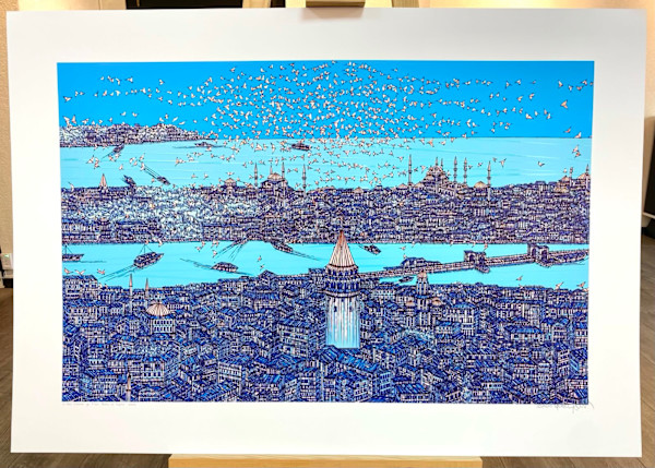 Devrim Erbil Kabartmalı Çipli Limitli Kâğıt Baskı Galata ya Mavi Bakış ve Kuşlar by Devrim Erbil, Image 2.