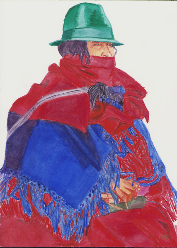 Indigenous woman with Blue & Red Poncho with green Hat ( Framed Original) by daniela, Image 2.