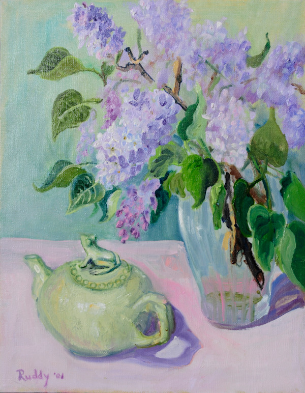 Frogpot with Lilacs by Sally Ruddy