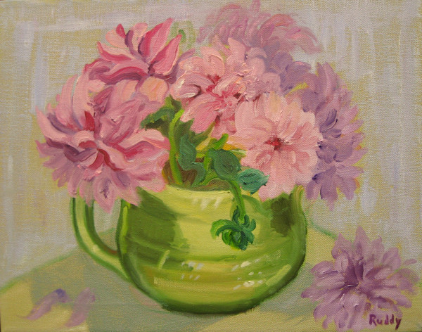 Green Jug With Dahlias by Sally Ruddy