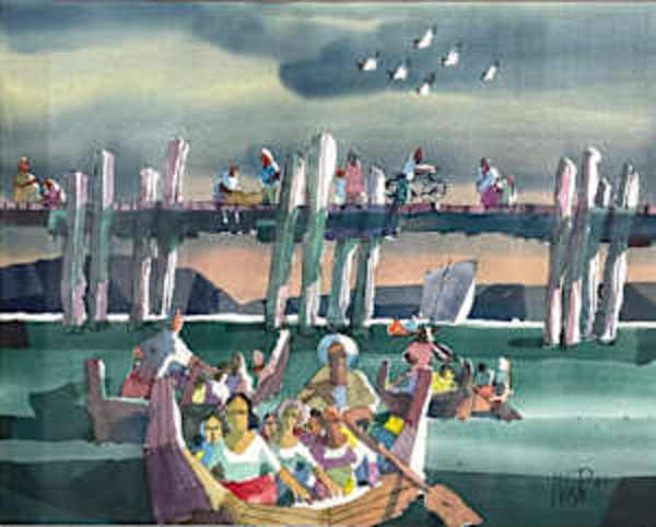 Boats over U Bein Bridge by Win Pe