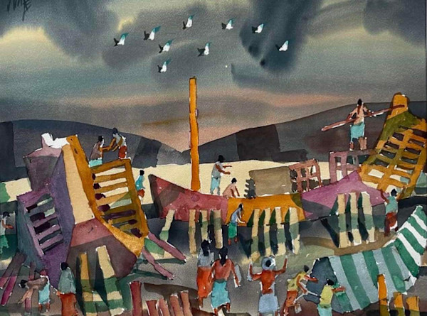 Boat Making at River Bank by Win Pe