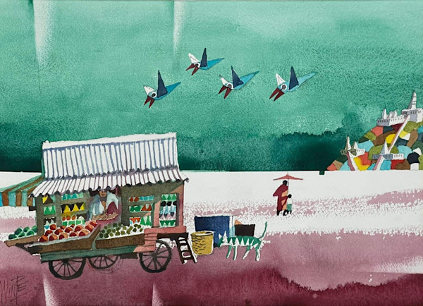 A Fruit Vendor and a distant Hill by Win Pe