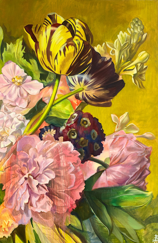 Floral Still Life in Yellow Shades. Tulips, Peony, Apple Blossom by Baroque Anarchist