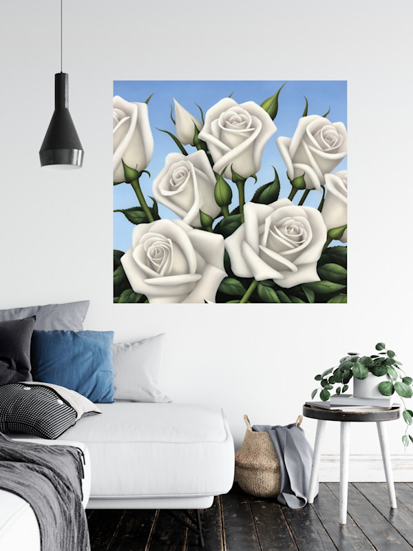 White Roses 1. Floral Painting In White and Blue by Baroque Anarchist