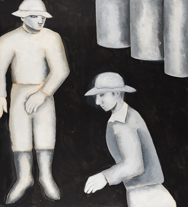 Two Standing Men and Storage Tanks by Robert M Shank