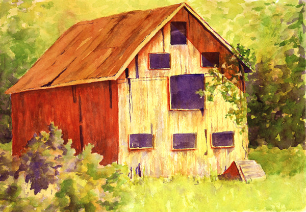 Orange Barn, Purple Windows by Robin Edmundson