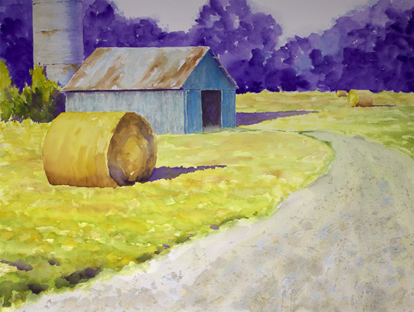 Turquoise Barn and Haybales by Robin Edmundson