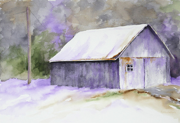 Winter Barn, Purple Shadows by Robin Edmundson