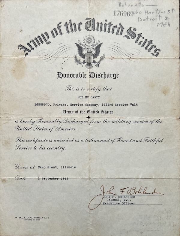 Foy McCarty's Discharge Papers from the U.S. Army