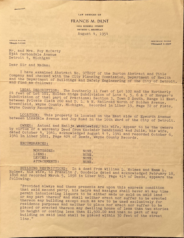 Letter to Foy & Emma McCarty from Francis M. Dent