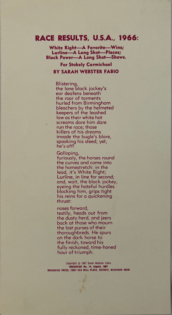 Race Results, U.S.A., 1966: White Right--A Favorite--Wins; Lurline--A Long Shot--Places; Black Power--A Long Shot--Shows by Sarah Webster Fabio