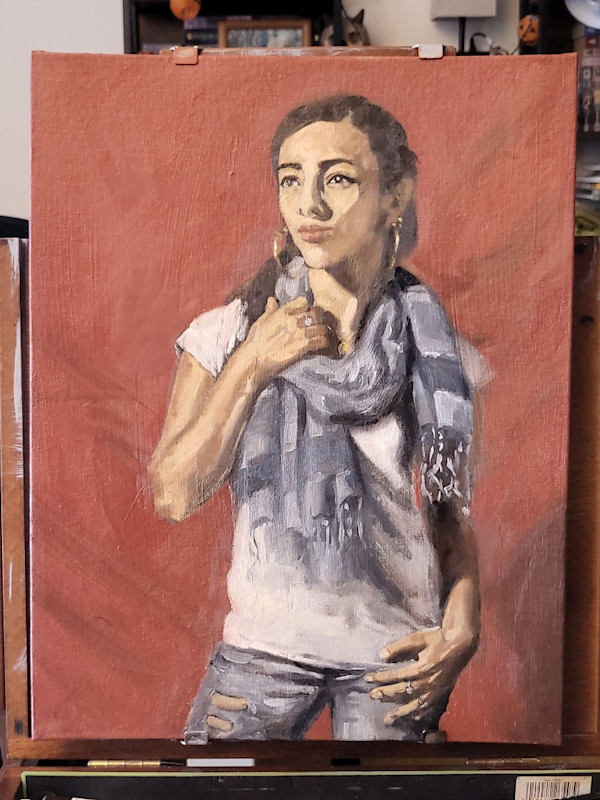 Woman Wearing Scarf and Shiny Earrings by Sam Larson