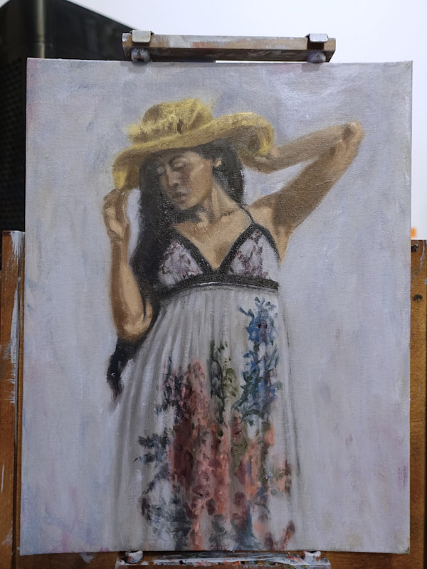 Woman in Straw Hat and Flowery Dress by Sam Larson