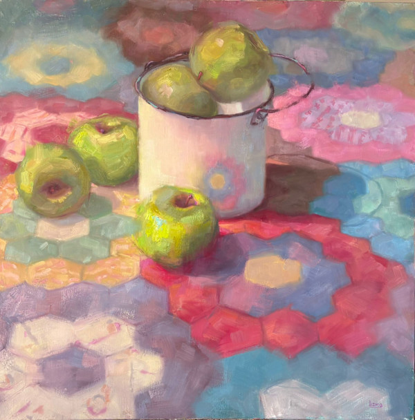 Apples on patchwork quilt by Lizma Schoeman