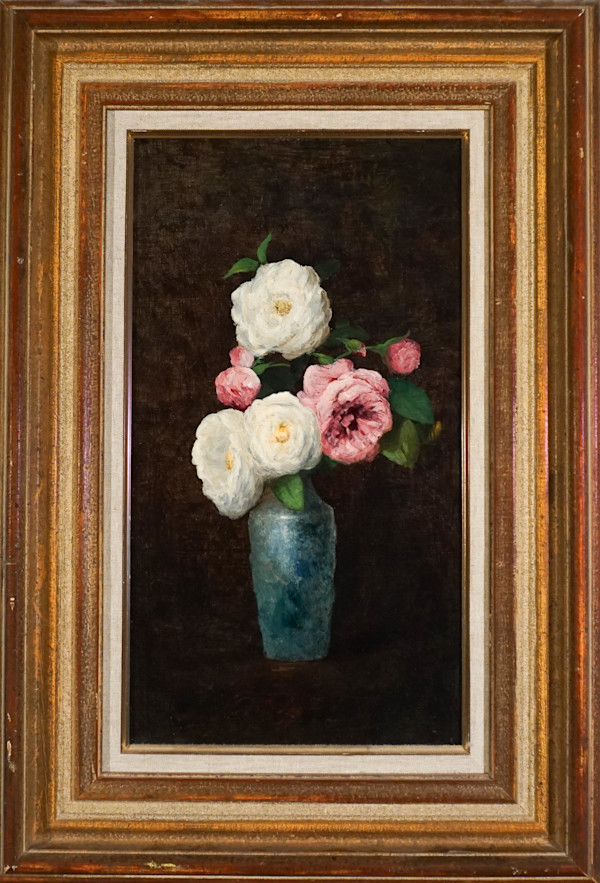 Still Life of White and Pink Roses in a Blue Vase by School of George Cochran Lambdin (American 1830-1896)