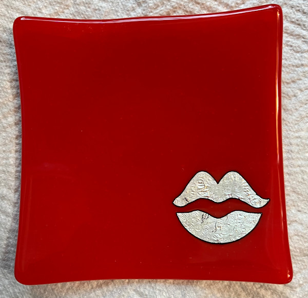 6" red dish with silver foil lips by Julie Root Sawyer