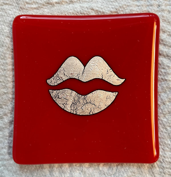 4" red dish with silver foil lips by Julie Root Sawyer