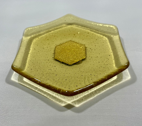 Light amber hexagon dish, with brass foil by Julie Root Sawyer, Image 1.