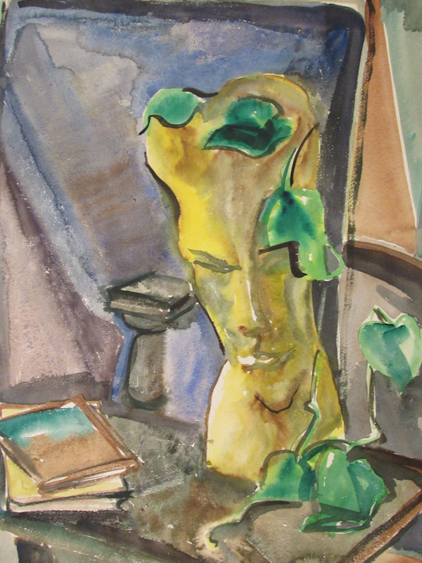 Still Life with Sculptured Head and Books by Evelyn Guhr Sweeney, Image 1.