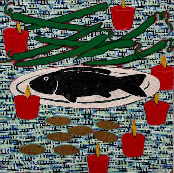 Still Life with Fish, Coins, Candles & Beans by Francis Pavy, Image 1.