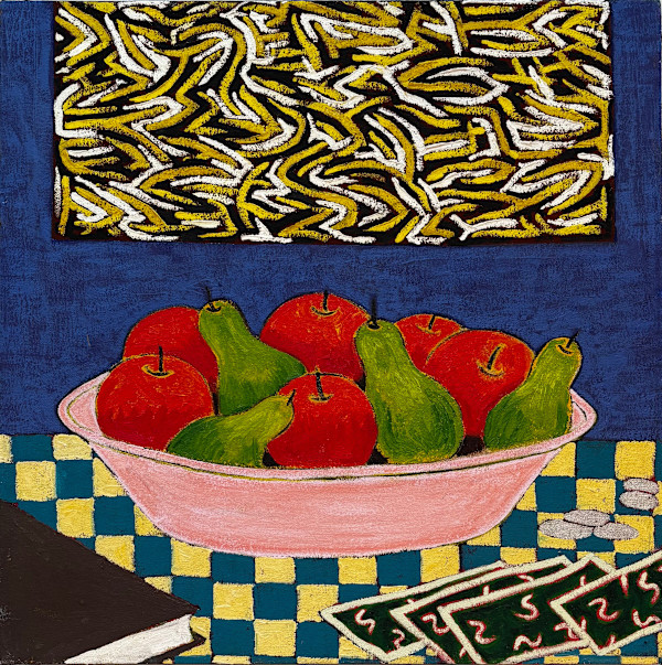 Still Life with apples & Pears with Abstract Painting by Francis Pavy, Image 1.