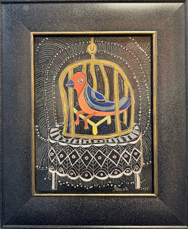 Caged Bird on Lace Tablecloth by Jennifer Taylor