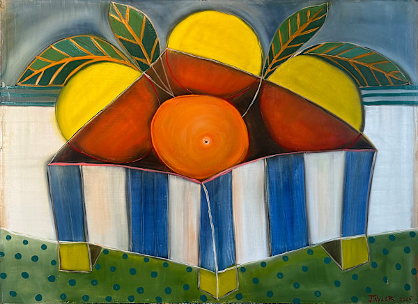 Oranges in Blue Striped Vase by Jennifer Taylor