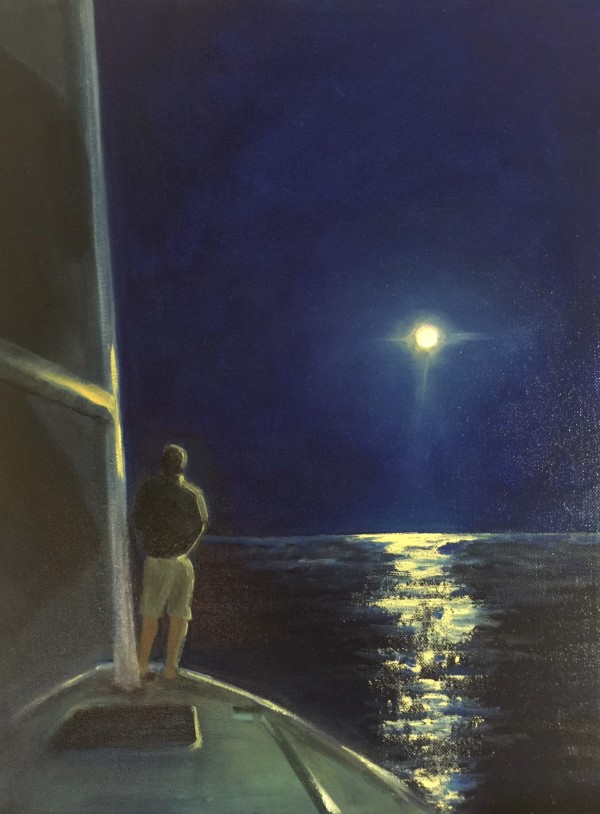 Moonlit boat captain (11x14") by Carrie Lacey Boerio