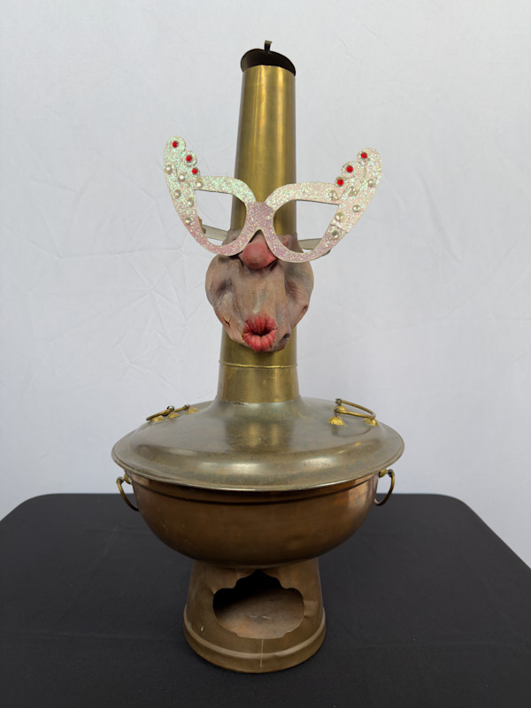 Metal incense burner with face and glasses