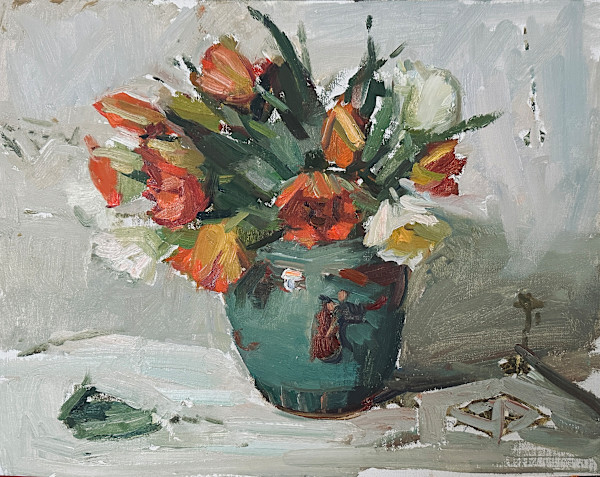 Tulips in a Teal Vase by Patricia Nebbeling