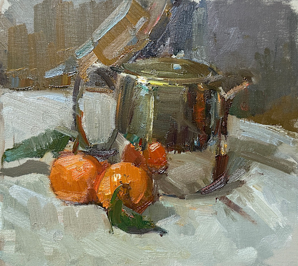 Silver Teapot and Oranges by Patricia Nebbeling