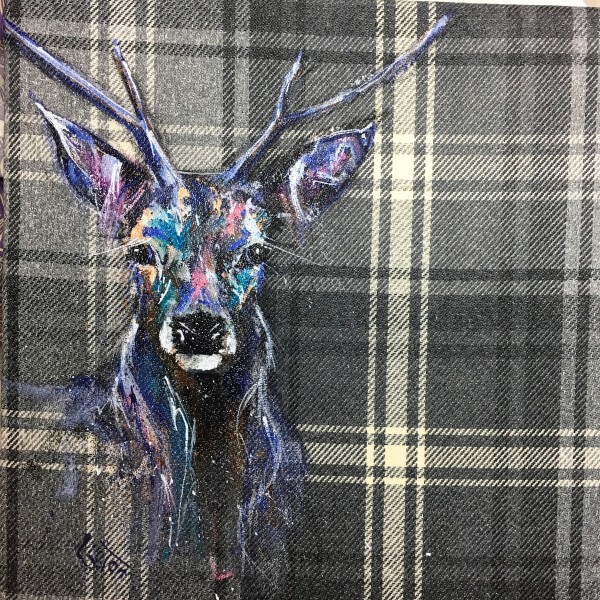 Stag on charcoal tartan by Louise Luton
