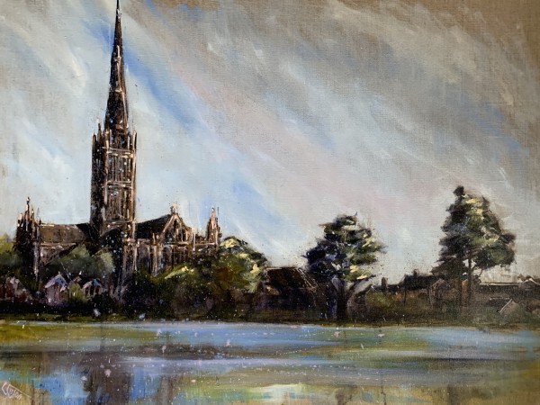 Cathedral from the flooded meadows by Louise Luton