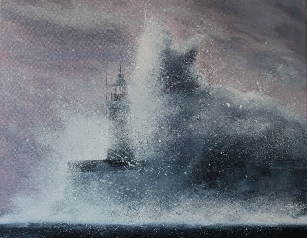 Lighthouse in the spray and storm by Louise Luton