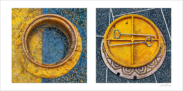 Round Pair #01: Manhole Covers, Orange and Blue by Susan Bowen