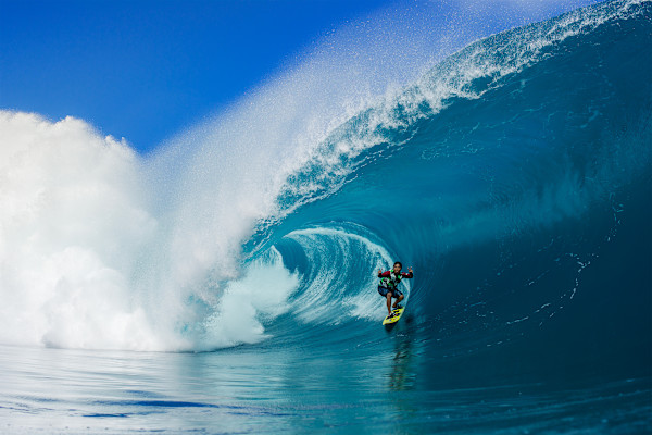 Raimana van Bastolaer Peace Sign Big Teahupoo by Daniel Russo