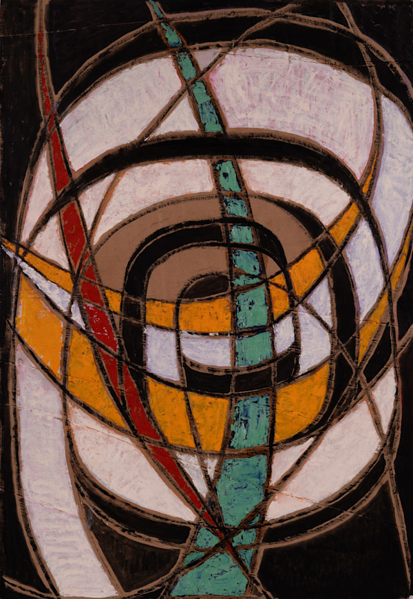 Large Black Spiral with Red and Blue Arches by Aditya Prakash (1924-2008)
